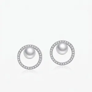 925 Sterling Silver Artificial Pearl Stud Earrings Elegant Round Geometric Zircon Inlaid Jewelry For Women Gift