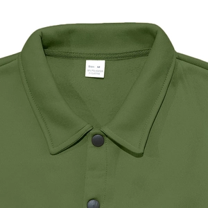 Detail of the collar and material label of a men's dark green slim fit polo jacket