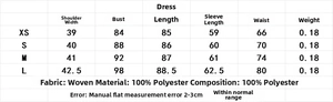 Size chart for V-neck striped dress with measurements in XS, S, M, L in 100% polyester