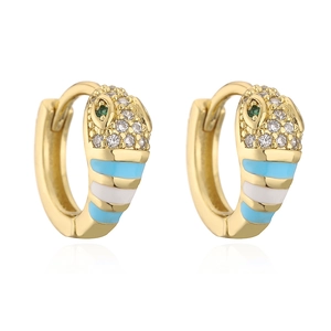 Detail of 18K gold-plated snake hoop earrings with blue enamel and sparkling zircons