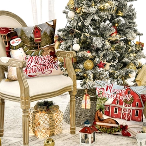 Set of 2 Christmas pillow covers with snowman and red cottage designs for sofa decor