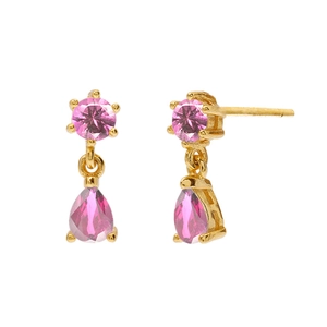 Detailed view of pink zircon drop earrings with gold plating and s925 silver needles