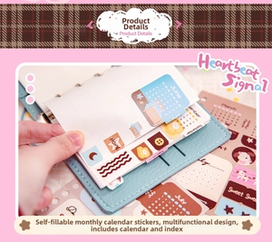 Detail of colorful self-filling monthly calendar stickers and index tabs for planners