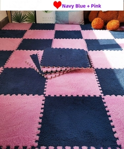 Interlocking navy and pink plush foam floor mats for cozy bedroom and kids room decor