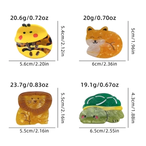 Cute acetate animal hair claws set showing bee, fox, lion and turtle sizes and weights