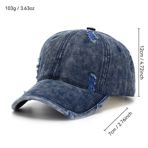 Distressed blue denim baseball cap with ripped details and retro vintage style