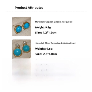 Detailed specs for turquoise stud earrings and pearl drop earrings with dimensions
