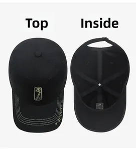 Detail of baseball cap top and interior lining with adjustable metal buckle and embroidery
