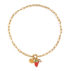Collana vintage in oro 18K con ciondoli a fragola e conchiglia e chiusura a barra a T