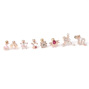 Set of 8 rose gold stainless steel ear studs with colorful zircon shapes for helix piercing