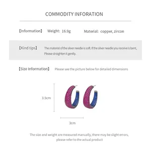 Size specifications for vintage C-shaped earrings with zircon measuring 3.5x3cm