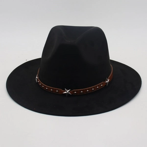 Detail of western fedora hat featuring a brown leather band with silver star studs