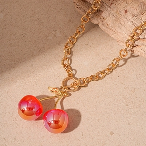 Chic resin cherry pendant necklace with gold chain and OT toggle clasp for women