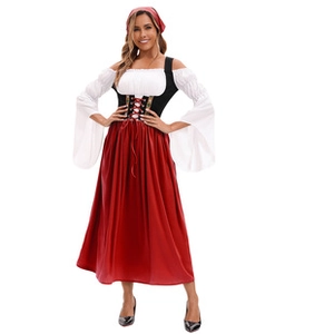 Detail of vintage Bavarian dress featuring a red skirt with a black lace-up corset vest