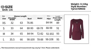 Size chart and measurement guide for sexy V-neck long sleeve burgundy mini dress