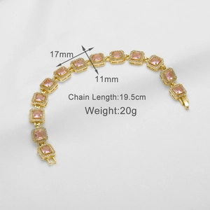 Detailed size specifications for gold plated bracelet with pink rectangular zircons