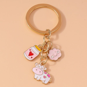 Cartoon Cow Enamel Keychain With Pink Cloud And Milk Bottle Charms Cute Animal Metal Pendant Key Ring For Backpack Phone