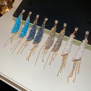 Tassel Drop Earrings With Silver Earring Post Zircon Geometric Long Dangle Elegant Party Accessories For Women