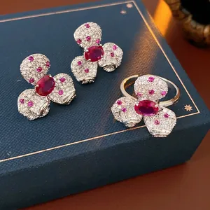 Vintage Flower Jewelry Set Copper Zircon Red Stone Earrings Open Ring Silver Earring Post Luxury Elegant Women