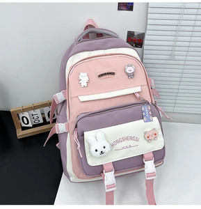 Detail view of purple student backpack with cute plush bunny and astronaut pins