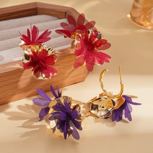 Elegant fabric flower hoop earrings in deep red and purple with gold alloy base