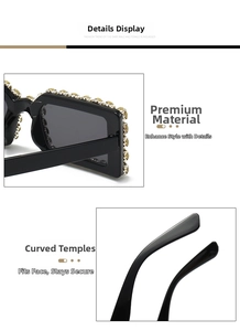 Detail showing high-quality materials and curved temple of black rhinestone sunglasses