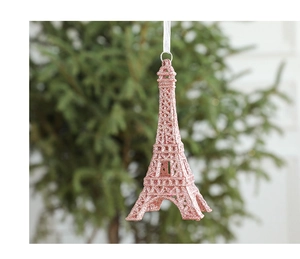 Pink glitter Eiffel Tower Christmas tree ornament with a shimmering finish detail