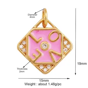 Detail of pink enamel LOVE heart pendant with zircon accents, sized 15x19mm for DIY jewelry