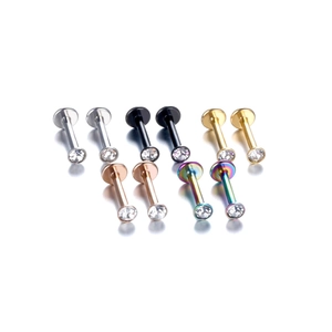 Set of 10 stainless steel labret studs with round crystals in five metallic colors