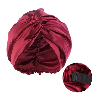 Adjustable wine red satin double-layer silk-like bonnet with a twisted front design