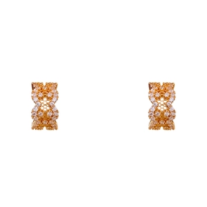 Exquisite gold C-shaped hoop earrings with honeycomb pattern and white zircon stones