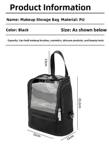 Detail view of the black makeup bag showing dimensions, top handle, and mesh pockets