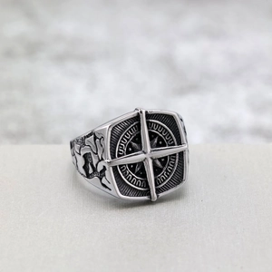 Vintage stainless steel compass ring for men featuring intricate dragon relief details