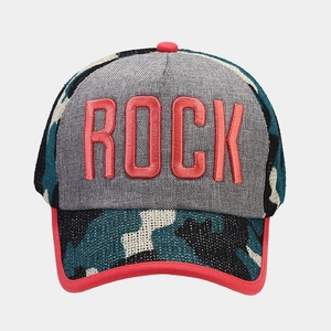 Close-up of Rock embroidery on camouflage baseball cap with textured grey front panel