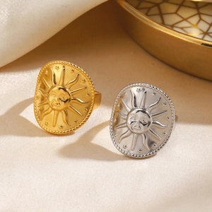 Sun Face Relief Ring Stainless Steel Bohemian Vintage Celestial Style Gold Plated Jewelry For Women