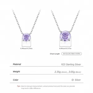 S925 sterling silver necklace with lavender rose-cut zirconia and detailed size chart