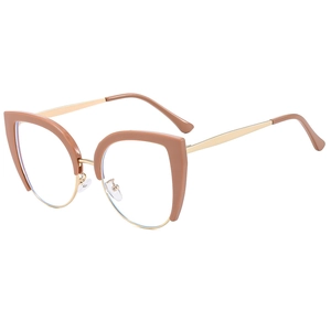 Modern cat-eye half-frame glasses with light brown acetate and golden metal finish