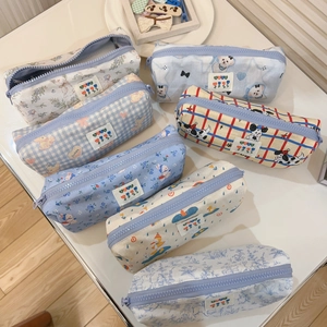 Blaues Federmäppchen-Set mit Tiermotiven, Blumenmustern und Reißverschluss für Schüler