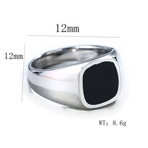 Detail of silver men's signet ring with 12mm black square face and 8.6g weight info