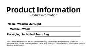 Detailed text specifications for the wooden star Christmas light and its foam packaging