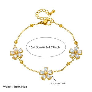 Elegant gold flower bracelet with clear zircon stones and adjustable chain for women