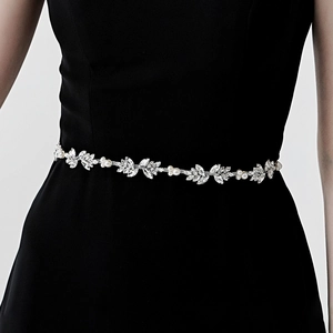 Elegant Rhinestone Artificial Pearl Bridal Belt Silver Metal Leaf Vine Waist Chain For Wedding Party Dress Decoration For Women