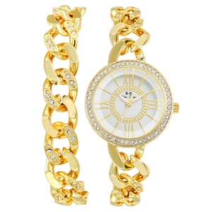 Luxury gold women's watch set with rhinestone-encrusted bezel and matching chain bracelet