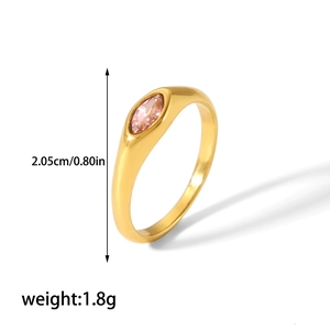 Detail view of gold stainless steel ring with pink marquise stone, weighing 1.8g