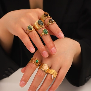 Vintage Stainless Steel Natural Stone Rings For Women Adjustable Open Tiger Eye Turquoise Malachite Finger Ring Jewelry