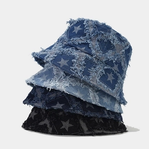 Bucket Hat Denim Star Pattern Frayed Edges Distressed Streetwear Cotton Sun Protection Fashion Accessories For Women