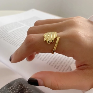 French style 925 sterling silver shell texture open ring in gold finish worn on hand