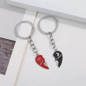 Couples sun moon split heart keychain set with Best Friends engraving in red and black enamel