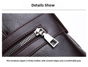 Macro shot of silver metal zipper pull and grainy leather texture on a business briefcase