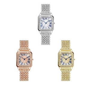 Elegante Damenarmbanduhr eckig mit römischen Ziffern und vollständiger Diamantverzierung